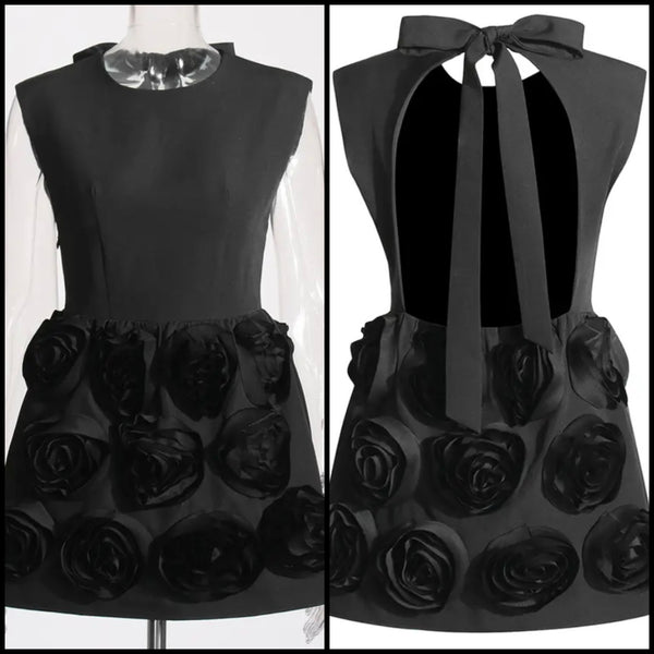Women Black Sexy Sleeveless 3D Floral Open Back Dress