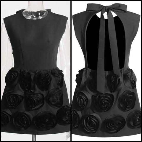 Women Black Sexy Sleeveless 3D Floral Open Back Dress