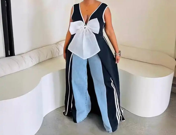 Women Sexy Fashion Sleeveless B&W Bow Long Top