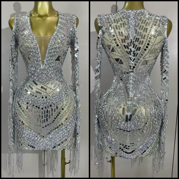Women Sexy Crystal Mirror Mesh Full Sleeve Tassel Dress