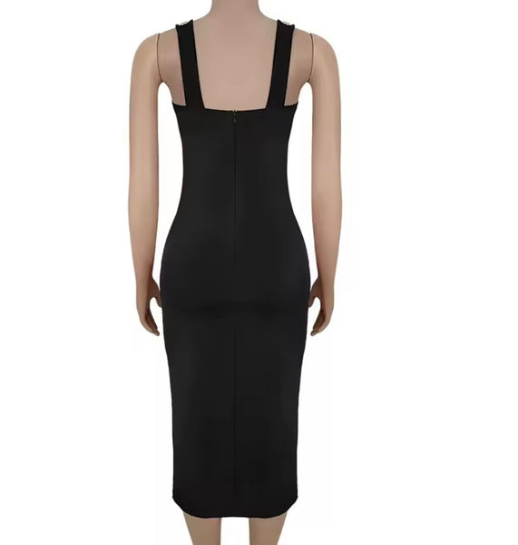 Women Sexy Black Sleeveless Gold Metal Side Split Dress