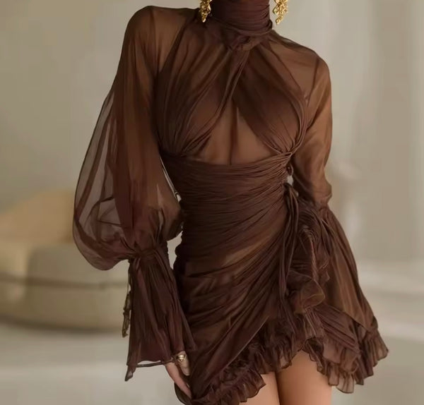 Women Sexy Brown Ruched Ruffle Mesh Full Sleeve Dress