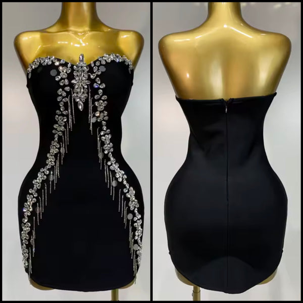 Women Black Sexy Strapless Rhinestone Tassel Dress