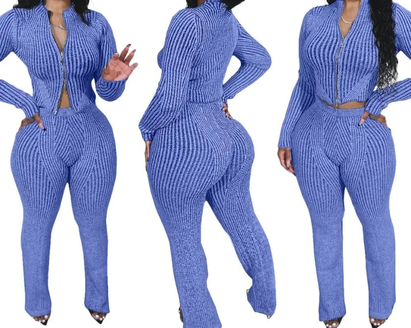 Women Fashion Solid Color Zip Up Full Sleeve Two Piece Pant Set