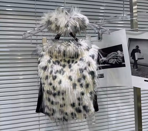 Women Colorful Leopard Print Faux Fur Halter Sleeveless Top