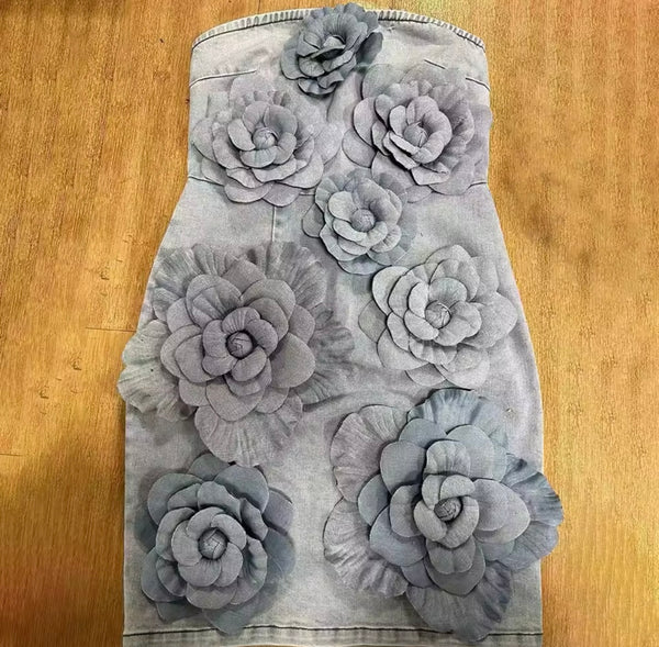 Women Sexy Strapless 3D Floral Denim Dress