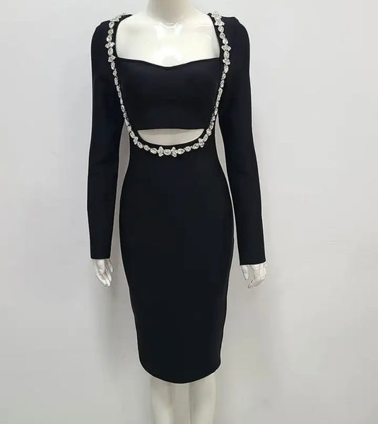 Women Black Sexy Rhinestone Full Sleeve Dress