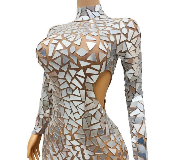 Women Sexy Silver Mirror Full Sleeve Mesh Hollow Out Dress