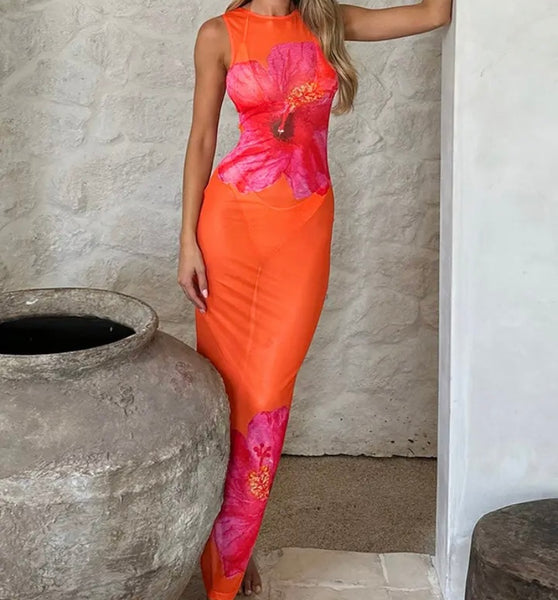 Women Orange Floral Print Sexy Sleeveless Mesh Maxi Dress