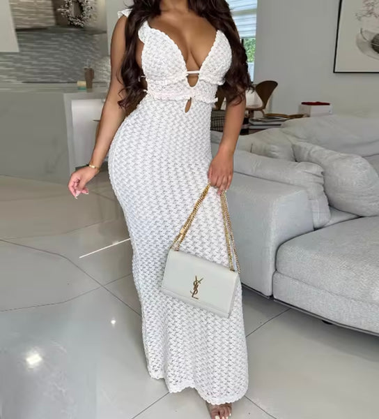 Women White Sleeveless Open Back Sexy Maxi Dress