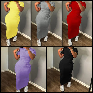Women Solid Color Short Sleeve Ribbed Sexy Maxi Dress