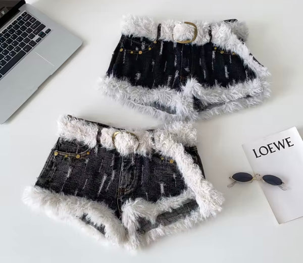 Women Fashion Ripped Faux Fur Patchwork Denim Shorts