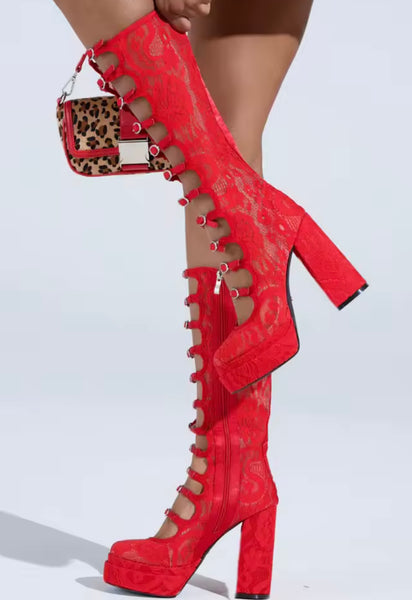 Women Color Fashion Lace Platform Knee High Boots