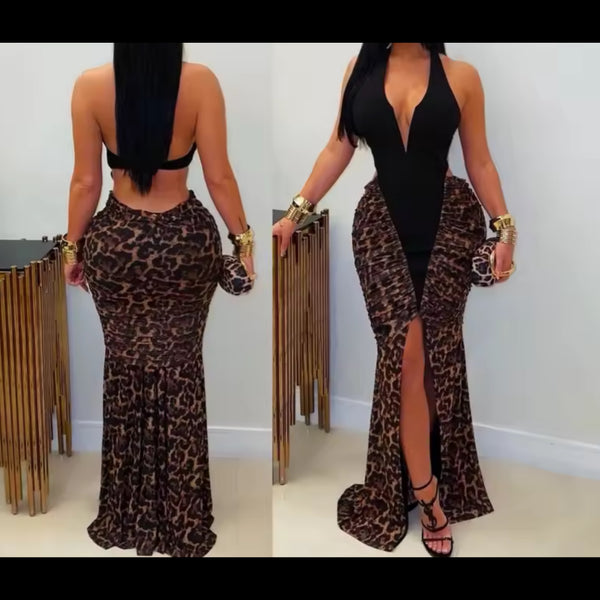 Women Sexy Halter Sleeveless Open Back Leopard Maxi Dress