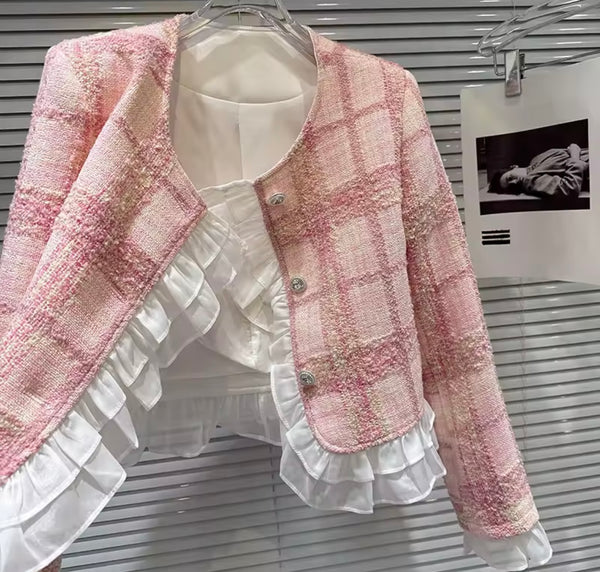 Women Pink Plaid Ruffled Blazer Two Piece Tweed Skirt Set