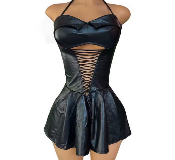 Women Sexy Halter Sleeveless Faux Leather Pleated Dress
