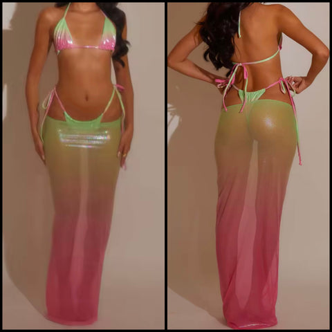 Women Sexy Tie Dye Halter Bikini Cover Up Set