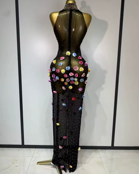 Women Sexy Sleeveless Bling Floral Mesh Maxi Dress