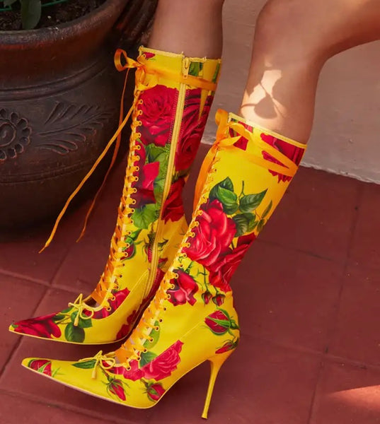 Women Fashion Pointed Toe Yellow Floral Lace Up High Heel Boots