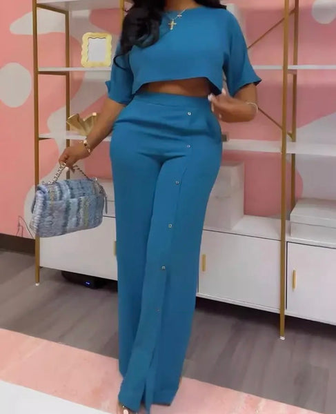 Women Fashion Button Short Sleeve Two Piece Pant Set