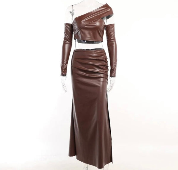 Women Brown Faux Leather One Shoulder Full Sleeve Two Piece Maxi Skirt Set