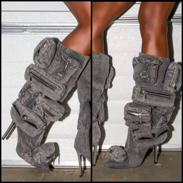 Women Fashion Pointed Toe Pocket Denim Knee High Boots