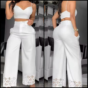 Women White Sleeveless Fashion Hollow Out Two Piece Pant Set