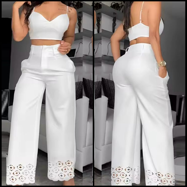 Women White Sleeveless Fashion Hollow Out Two Piece Pant Set