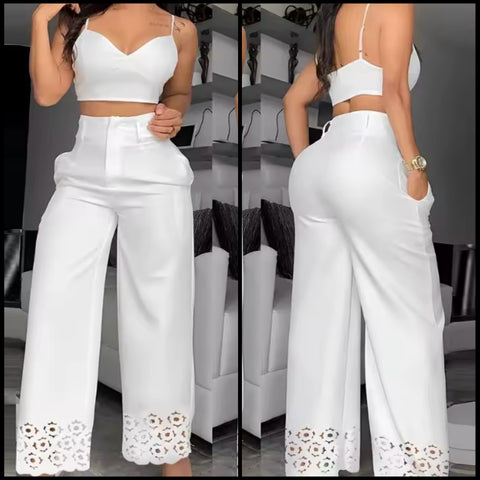 Women White Sleeveless Fashion Hollow Out Two Piece Pant Set