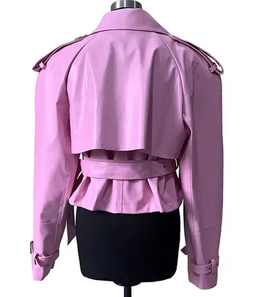 Women Pink Fashion Buckled Faux Leather Jacket