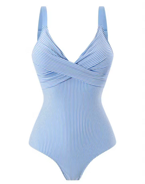 Women Blue Striped Swimsuit Shorts Cover Up Set