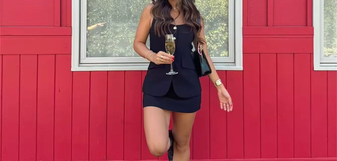 Women Sleeveless Button Up Blazer Sexy Two Piece Skirt Set