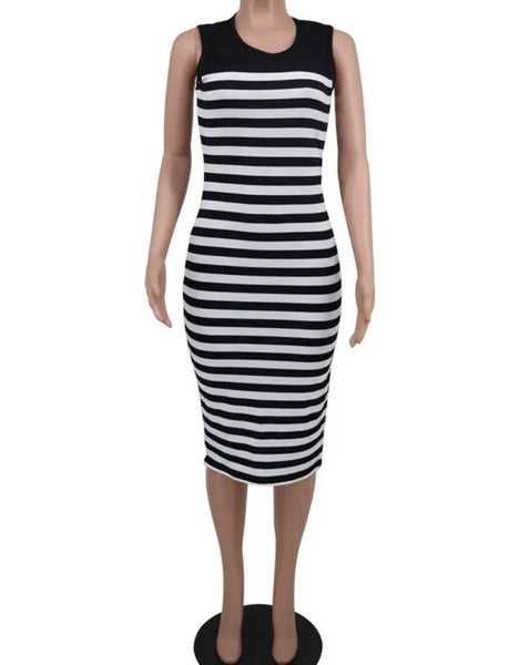 Women Sexy Sleeveless B&W Striped Side Split Dress