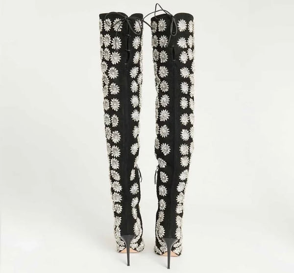 Women Fashion Suede Bling Print Over The Knee Boots