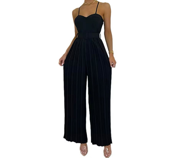 Women Sleeveless Solid Color Fashion Pleated Jumpsuit