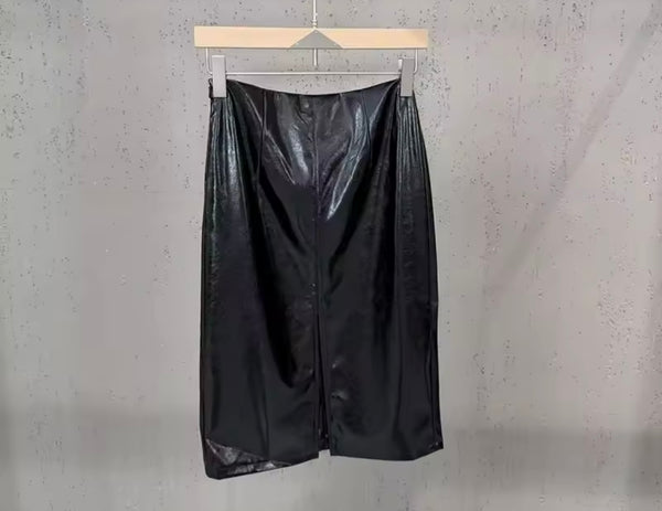Women Fashion Faux Leather Jacket Two Piece Skirt Set