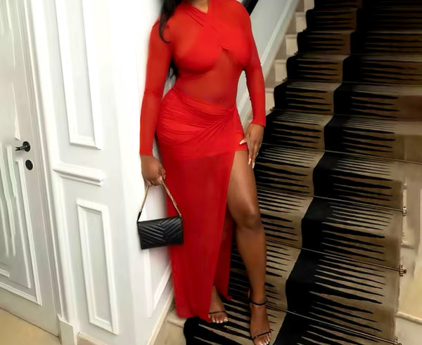 Women Sexy Red Mesh Full Sleeve Side Split Maxi Dress