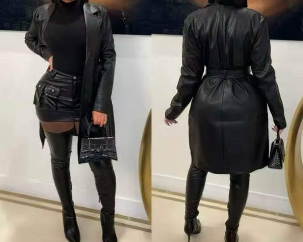 Women Fashion Black PU Leather Belted Trench Jacket