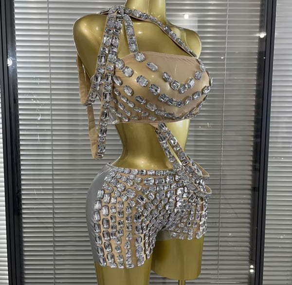 Women One Shoulder Sleeveless Rhinestone PU Mesh Two Piece Short Set