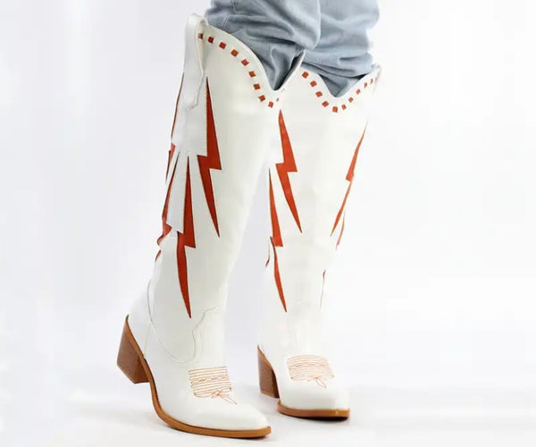 Women Fashion White Color Patchwork Knee High Western Boots