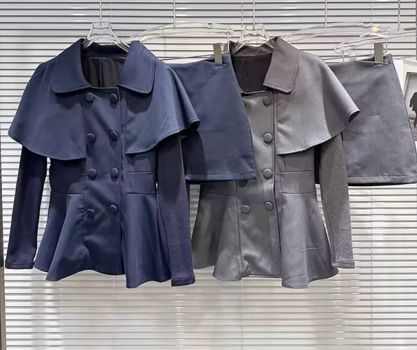 Women Ruffled Button Up Blazer Fashion Two Piece Skirt Set