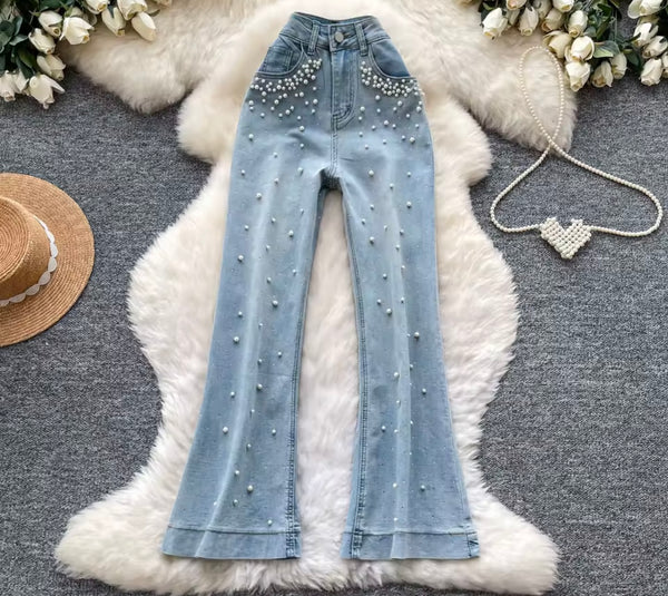 Women Fashion Blue Pearl Denim Flare Pants