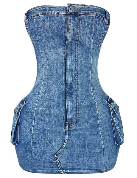 Women Sexy Strapless Cargo Denim Tube Dress