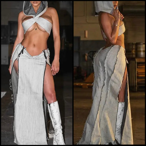 Women Sexy Hooded Sleeveless Crop Two Piece Zipper Skirt Set
