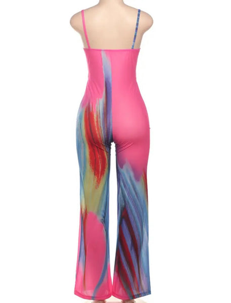 Women Sexy Sleeveless Pink Rainbow Jumpsuit