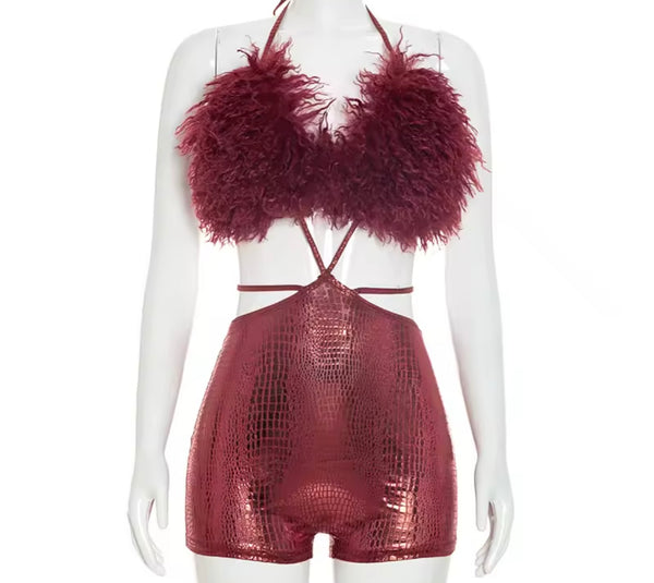 Women Sexy Feather Halter Open Back Sleeveless PU Romper