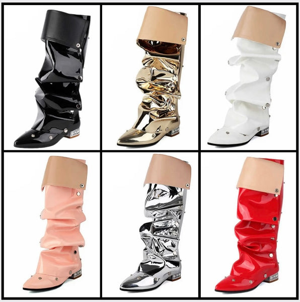 Women Fashion Pointed Toe Patent Leather Button Flat Boots