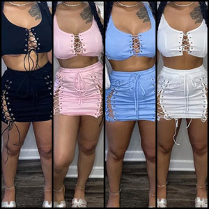 Women Sexy Sleeveless Cut Out Lace Up Two Piece Skirt Set