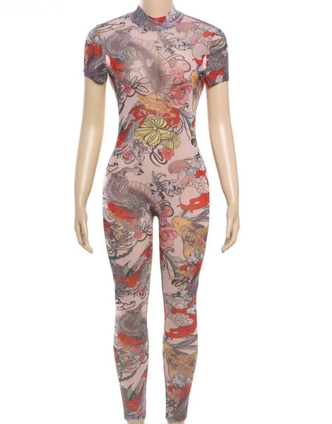 Women Sexy Printed Mesh Open Back Short Sleeve Jumpsuit