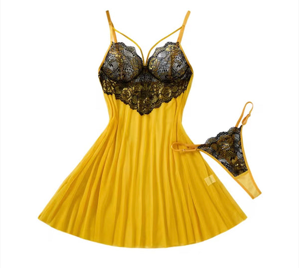 Women Sexy Yellow Lace Patchwork Nightgown Lingerie Set
